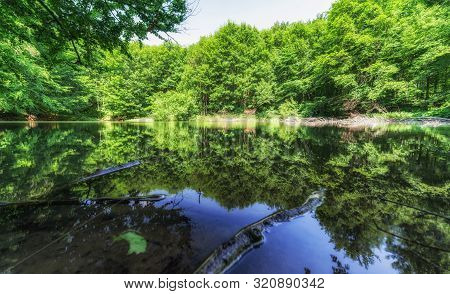 Reflection On Lake Male Morske Oko In Forest. Vihorlat Mountains, Slovakia