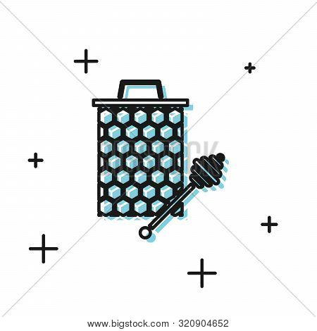 Black Honeycomb With Honey Dipper Stickicon Isolated On White Background. Honey Ladle. Honey Cells S
