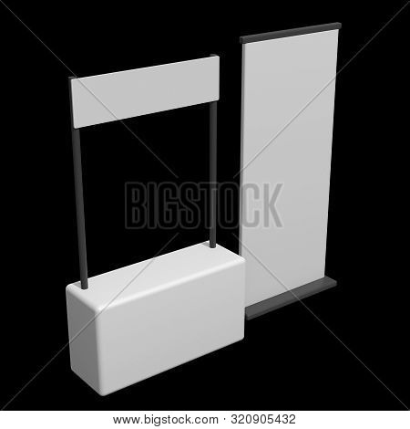 Stall Or Kiosk Modern Promostand Reception Desk With Roll Up. Trade Show Booth White And Blank. 3d R