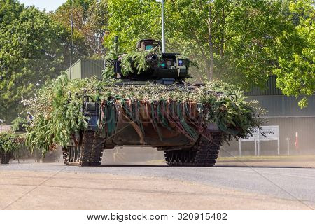 German Army Infantry Fighting Vehicle  Drives On Tactical Exercise At Military Training Area