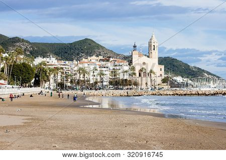The Beautiful Town Of Sitges, Winter Spain, Landscape Of The Coastline In Sitges