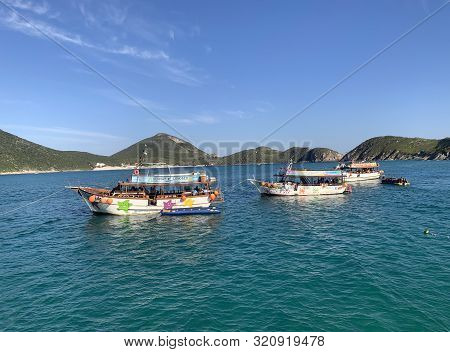 Arraial Do Cabo, Brazil - June 19, 2019: Pleasure Boats In The Bay Near Arraial Do Cabo