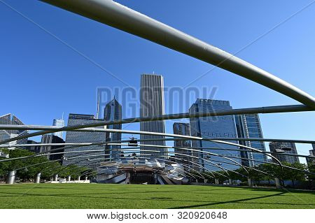 Chicago, Illinois 08-09-19 Jay Pritzker Pavillion By Architect Frank Gehry In Early Morning Summer L