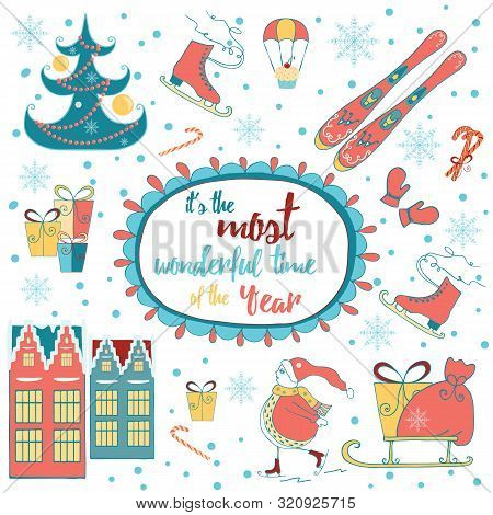 Vintage Cute Christmas Card With Text And Childrish Elements.