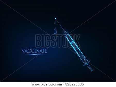 Futuristic Glowing Low Polygonal Syringe With Vaccine Medication And Drops On Dark Blue Background.