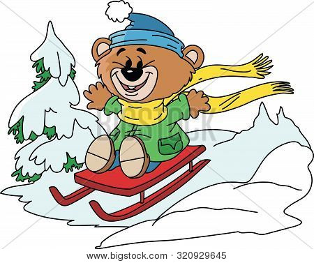 Cartoon Bear Having Fun On A Red Sledge In Winter Time Vector Illustration
