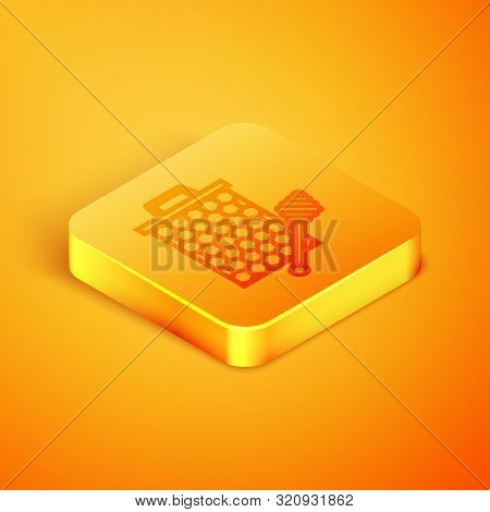 Isometric Line Honeycomb With Honey Dipper Stickicon Isolated On Orange Background. Honey Ladle. Hon