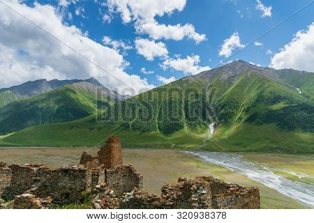 Truso Valley And Gorge  Landscape With Zakagori Fortress On Trekking / Hiking Route, In Kazbegi, Geo