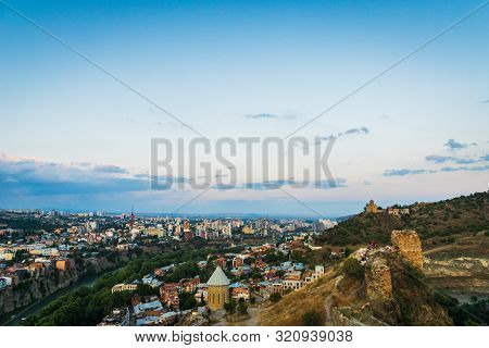 Tbilisi, Georgia - August 2019. Tbilisi Downtown And Old Town Aerial View In The Capital Of Georgia 