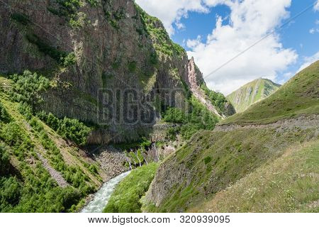 Truso Valley And Gorge Area Landscape On Trekking / Hiking Route, In Kazbegi, Georgia. Truso Valley 