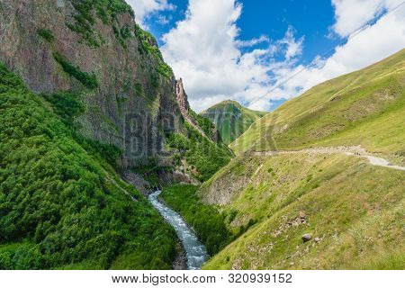 Truso Valley And Gorge Area Landscape On Trekking / Hiking Route, In Kazbegi, Georgia. Truso Valley 