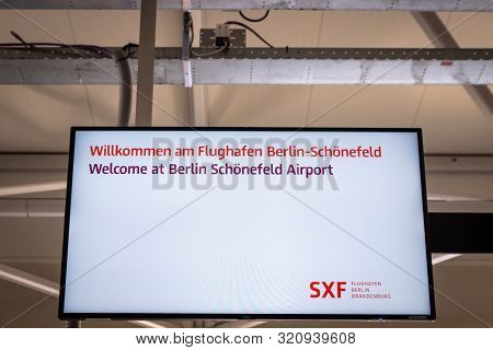 Berlin, Germany - July 2019:sign Of Berlin Schonefeld  Airport In Germany. Schönefeld Airport Is The