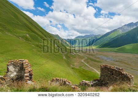 Truso Valley And Gorge  Landscape With Zakagori Fortress On Trekking / Hiking Route, In Kazbegi, Geo