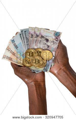 African woman hands holding a stack of bitcoins euro, pula and dollars,