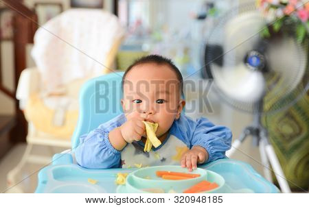 Asian Baby Boy 6 Months Old Eating With Baby Led Weaning (blw) Method, Self-feeding