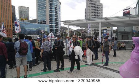 Seoul, South Korea; September 7, 2019: Large Crowd Of People At Seoul Station Plaza For Protest Demo