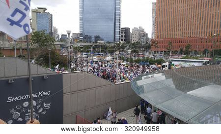Seoul, South Korea; September 7, 2019: Large Crowd Of People At Seoul Station Plaza For Protest Demo