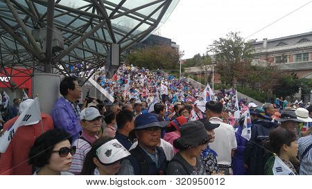 Seoul, South Korea; September 7, 2019: Large Crowd Of People At Seoul Station Plaza For Protest Demo