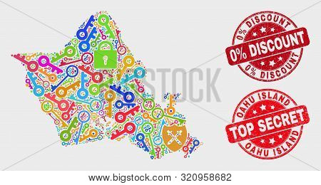Shield Oahu Island Map And Stamps. Red Rounded Top Secret And 0 Percent Discount Textured Stamps. Co
