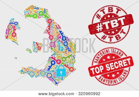 Secure Santorini Island Map And Seal Stamps. Red Round Top Secret And Hashtag Tbt Scratched Seal Sta