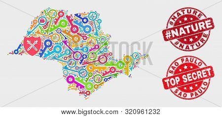 Guard Sao Paulo State Map And Stamps. Red Rounded Top Secret And Hashtag Nature Distress Seal Stamps