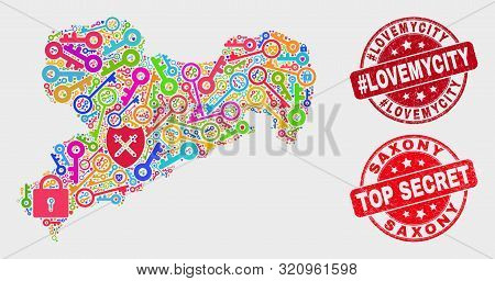 Shield Saxony Land Map And Seal Stamps. Red Round Top Secret And Hashtag Lovemycity Scratched Seal S