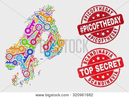 Safety Scandinavia Map And Seals. Red Round Top Secret And Hashtag Picoftheday Distress Seals. Color