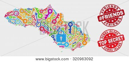 Protection Sumba Island Map And Watermarks. Red Rounded Top Secret And Hashtag Friends Textured Wate