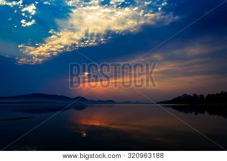 Sunrise Over Mahanadi River, Odisha, Eastern Ghat Mountain Range, Copy Space