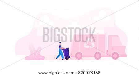 Municipal Recycling Service Worker Wearing Uniform Loading Litter Bin To Garbage Truck For Transport