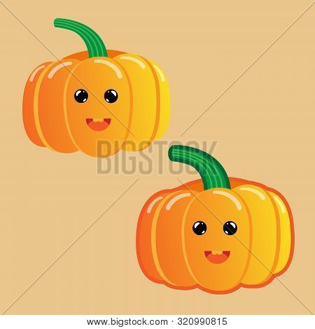 Vector Illustration Of Halloween Pumpkin. Smiling Cartoon Halloween Pumpkin Isolated On Light Backgr