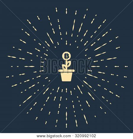 Beige Bitcoin Plant In The Pot Icon Isolated On Dark Blue Background. Business Investment Growth Con