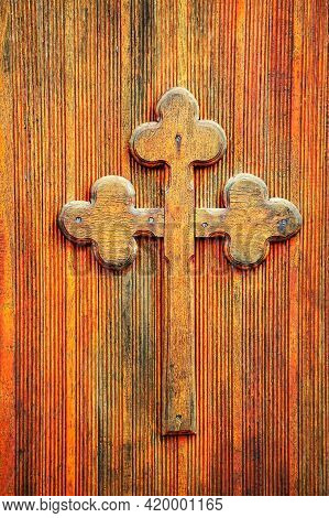 Cross Made By Wood On Wooden Background . Spiritual Symbol Of Christianity . Church Religious Decor