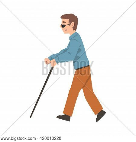 Blind Young Man In Glasses Strolling With Walking Cane Cartoon Vector Illustration