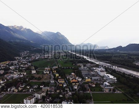 Aerial Panorama View Of Industrial Area Along Rhine River Valley Outskirts Of Vaduz Liechtenstein, A