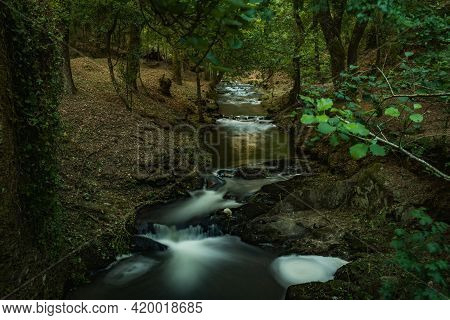 Water Stream Of Lourido River In The Park Of The Estalisnau Fountain In Maceda - Ovar, Portugal.
