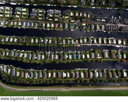 Aerial Panorama View Of Houses On Vinkeveense Plassen Lake With Thousand Islands River Canals Achter