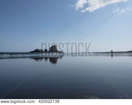 Low Tide Water Pond Lake Structures Pattern Landscape On Black Sand Beach Whatipu West Auckland Wait