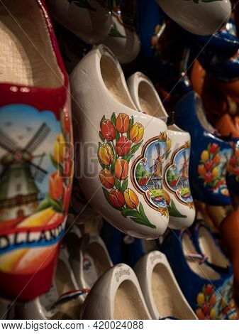 A Selection Of Traditional Typical Dutch Footwear Klompen Klomp Clog Shoes In Zaanse Schans Zaandijk