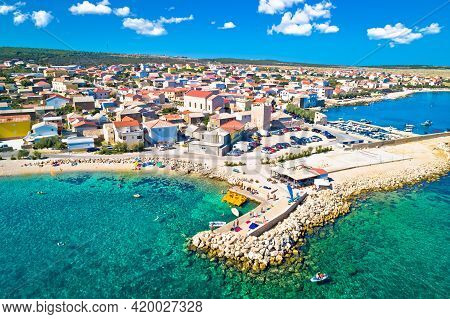 Razanac. Historic Town Of Razanac And Velebit Channel Aerial View, Dalmatia Region Of Croatia