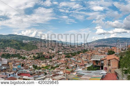 Medellin, Antioquia, Colombia - December 23 2020: Comuna 13 View, Touristic Artistic Urban Attractio