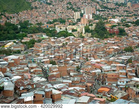 Medellin, Antioquia, Colombia - December 23 2020: Comuna 13 View, Touristic Artistic Urban Attractio
