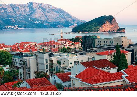 View Of Budva Coastal Town In Montenegro And Sveti Nikola Island In Adriatic Sea