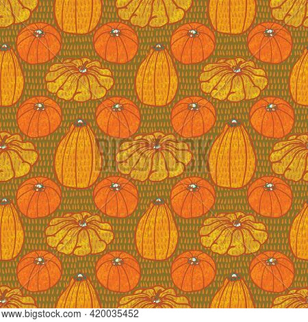 Squash Vegetable Varieties Background Seamless Vector Pattern In A Retro Style.