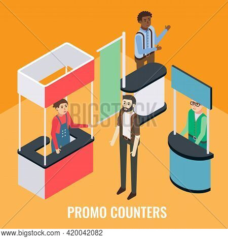 Trade Show, Fair, Exhibition Event Scene, Vector Isometric Illustration. Sales Promoters Standing Be