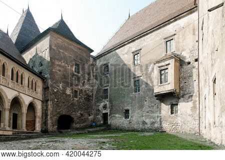 HUNEDOARA, ROMANIA - MAY 7, 2021: Architectural details of Corvin Castle, also known as Hunyadi Castle or Hunedoara Castle, Hunedoara County, Transylvania, Romania