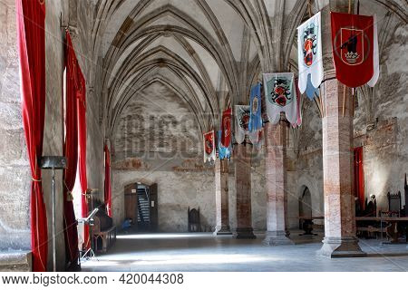 HUNEDOARA, ROMANIA - MAY 7, 2021: Architectural details of Corvin Castle, also known as Hunyadi Castle or Hunedoara Castle, Hunedoara County, Transylvania, Romania