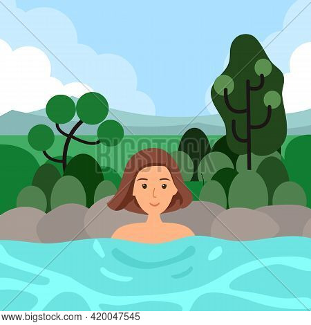 Woman Relaxing Bath In Hot Spring Japanese Onset In Flat Design. Body Relaxation.