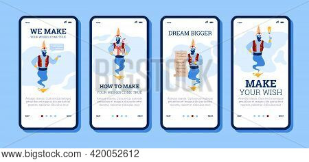 Set Of Mobile Apps For Support Services With Helpers Genies Granting Wishes.