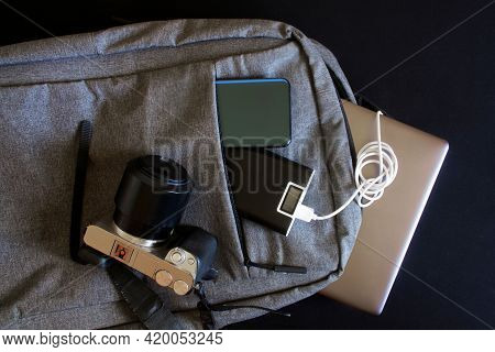 Modern Gadgets - Mirrorless Camera, Laptop Or Ultrabook, Smartphone And Tablet, Lie In A Gray City B